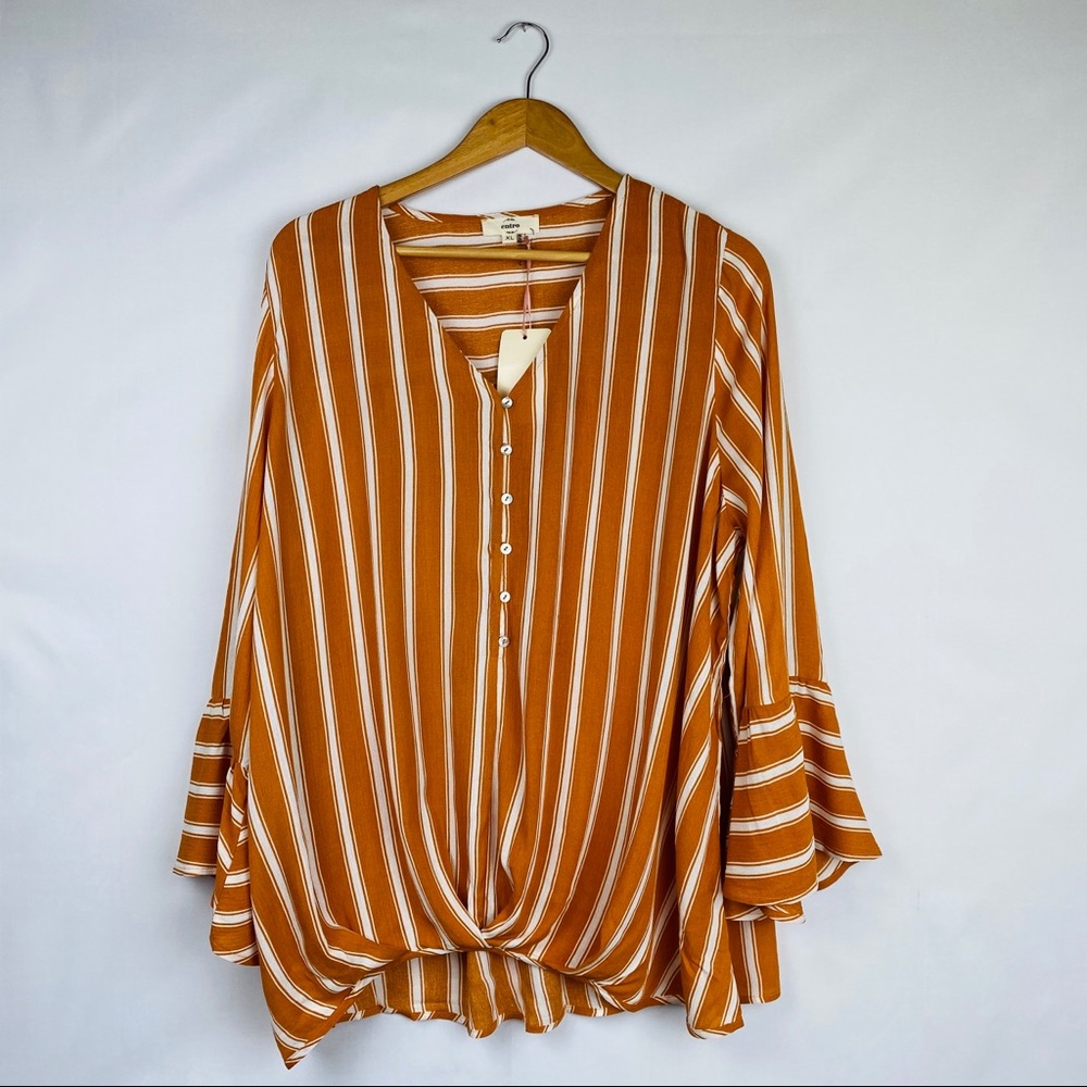 🆕 Striped V-Neck Blouse Draped Front Bell Sleeves - Picture 2 of 7